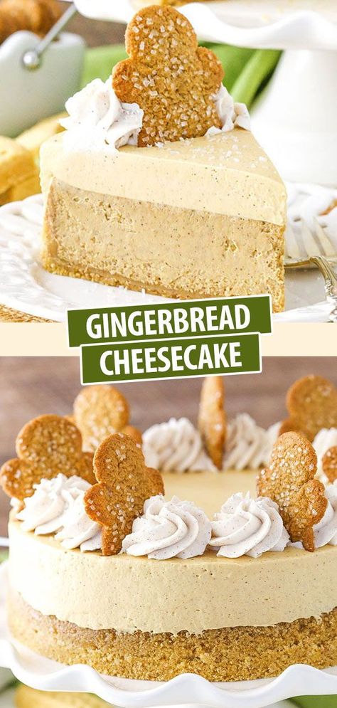 This Gingerbread Cheesecake is made with a delicious shortbread crust, gingerbread cheesecake filling and a  molasses mousse topping! It’s the perfect easy dessert recipe for the  holidays! Gingerbread Cheesecake, Raspberry Bars, Easy Dessert Recipe, Brownie Desserts, Shortbread Crust, Cheesecake Filling, Oreo Dessert, Christmas Food Desserts, Christmas Cooking