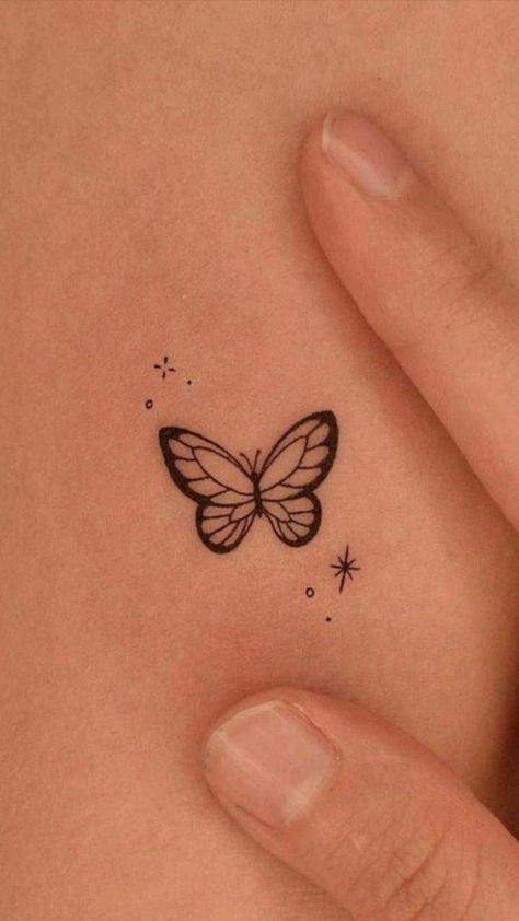 Minimalist Butterfly Outline2 Minimalist butterfly tattoo on skin with stars and dots. Simple black ink design. | Sky Rye Design Butterfly Throat Tattoos Women, Neck Tattoo Designs For Women, Minimalist Butterfly Tattoo, Watercolor Butterfly Tattoo, Butterfly Neck Tattoo, Minimalist Butterfly, Small Neck Tattoos, Tattoos Inspo, Throat Tattoo