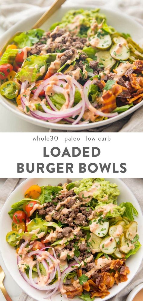 These loaded burger bowls with pickles, bacon, a quick guacamole, and a "special sauce" are so good! Whole30, paleo, and low carb, they're filling and healthy - a great alternative to the lettuce wrap burger! #whole30 #paleo Lettuce Wrap Burger, Loaded Burger Bowls, Wrap Burger, Loaded Burger, Lettuce Wrapped Burger, Quick Guacamole, Burger Bowls, Low Carb Burger, Lettuce Wrap