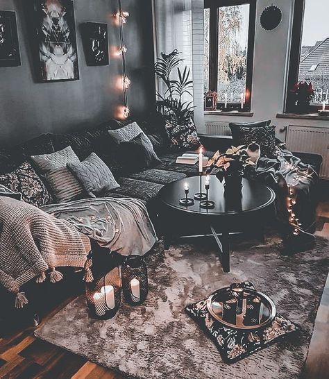 What Are The Different Styles Of Decor, Black House Living Room, Black Walls House, Boho Goth Living Room, Black Wall Living Room, Room With Black Walls, Witchy Apartment, Black Living Room Ideas, Goth Living Room