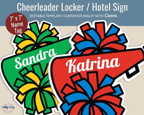 Excited to share the latest addition to my #etsy shop: Cheerleader Hotel door hanger, Cheer name tag, Locker decoration name tag, Sport team travel pride sign, Customize Canva Template CHN002 #schoollockersign #lockerdecoration #hoteldoorsign #cheerlockersign https://etsy.me/3NiRFES Cheer Door Decorations Hotel, Cheer Camp Door Decorations, Hotel Door Hanger, Locker Name Tags, Cheerleading Signs, Locker Signs, Spirit Signs, Cheer Camp, Locker Decorations