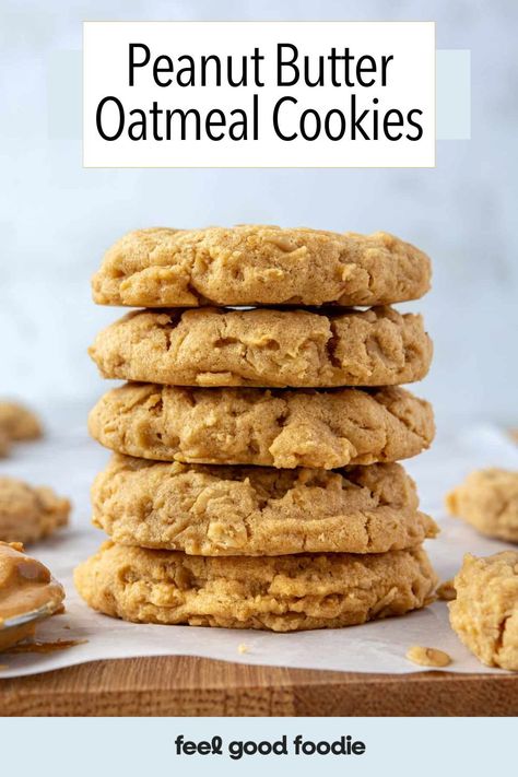 Peanut butter lovers will love these Peanut Butter Oatmeal Cookies! Crispy on the edges and soft in the middle, these cookies are packed with wholesome oats and peanut buttery flavor. Making these PB oatmeal cookies is fast and easy, too. The dough mixes up quickly with a stand mixer, and after just a few minutes in the oven, these peanut butter oatmeal cookies are ready to eat! Oatmeal Peanut Butter Cookies, Oatmeal Cookies Recipes Easy, Oatmeal Peanut Butter, Butter Oatmeal Cookies, Oatmeal Cookies Easy, Cookie Recipes Chewy, Vegan Peanut Butter Cookies, Vegan Oatmeal, Easy Vegan Dessert