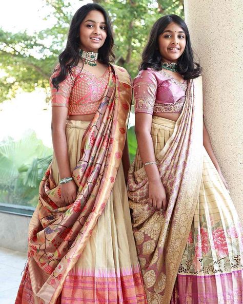 Vishnu Manchu and family look adorable as they celebrate Diwali in matching outfits! Cream Half Saree, Pink Paithani Saree, Pink Paithani, Baby Pink Saree, Peach Skirt, Half Saree Function, Bridal Sarees South Indian, Half Saree Lehenga, Paithani Saree