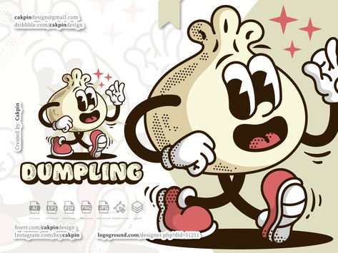 Dumpling Vintage Cartoon Mascot Logo by cakpin Food Mascot Logo, Vintage Mascot Logo, Food Mascot, Eat Logo, Vintage Mascot, Cup Head, Cartoon Mascot, Logo Mascot, Food Banner