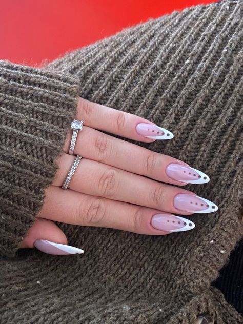 Fun French Nails Almond, Super Cool Nail Designs, French With Dots Nails, Dotted French Tip Nails, French Tip Nails With Dots, Neutral Nails Acrylic, Colored Acrylic Nails, Summery Nails, Dots Nails