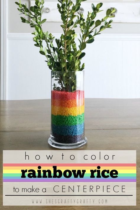 How to color rice in Rainbow Colors to make an Easy and Inexpensive Table Centerpiece Pastel Rainbow Table Centerpiece, Rainbow Theme Wedding Ideas, Colorful Centerpiece Ideas, Rainbow Theme Centerpieces, Rainbow Event Decor, Pride Centerpieces, Rainbow Friends Centerpiece, Rainbow Party Centerpiece Ideas, Rainbow Party Table Decor