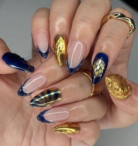 🔹Golden Hour ✨ Gaudi inspired custom design for my client off to Spain ✨ The thumb is a cathedral door I tried 🙈 #nails2inspire #naildesign #3dnails #nailinspo #frenchnails #trendynails #fallnails #chromenails #goldnails #gaudinails #apresgelx #gelxinspo #nailart #almondnails Gaudi Nails, Cathedral Door, Chrome Nails, Gold Nails, 3d Nails, Almond Nails, Trendy Nails, French Nails, Golden Hour