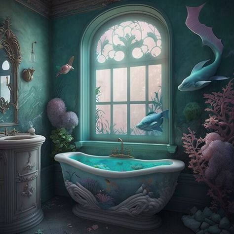 Disney Interior Design Home Decor, Siren Bathroom Aesthetic, Moody Mermaid Bathroom, Mermaid Bathroom Aesthetic, Little Mermaid Bathroom Ideas, Mermaidcore Bathroom, Mermaid Inspired Bathroom, Art Themed Bedroom, Moana Bathroom