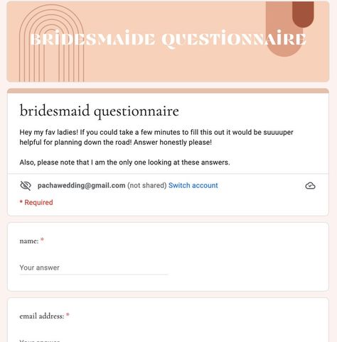 Bridesmaid Questionnaire, Enchanted Forest Wedding Theme, Forest Theme Wedding, Enchanted Forest Wedding, Google Form, Wedding Planning Timeline, Boho Bridesmaid, Google Forms, Forest Wedding