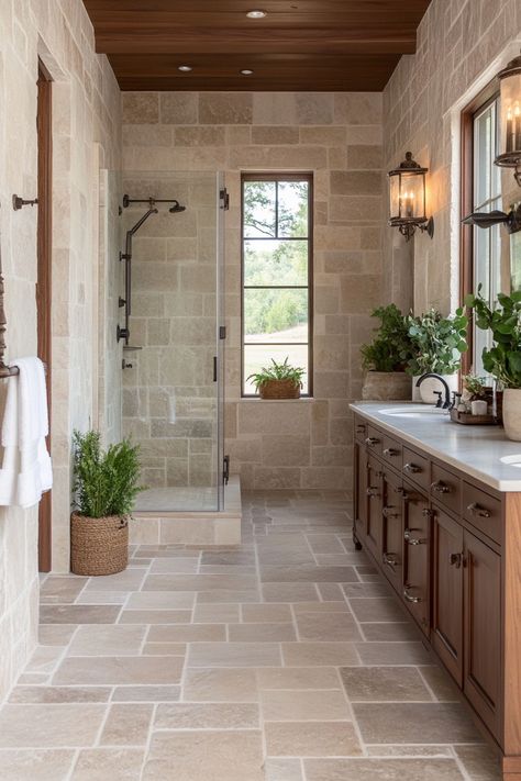 Bathroom Terracotta Floor Master Bath, Tan Tiled Shower Bathroom, Patina Farm Bathroom, Shower Tile Matching Floor, Same Tile Shower And Floor, Beautiful Bathrooms Modern Tile, Stone Inspired Bathroom, Full Bathroom Ideas Tiled Showers, Open Toilet Design