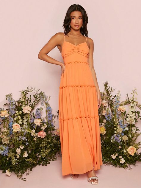 SHEIN Belle Ruched Frill Trim Cami Bridesmaid DressI discovered amazing products on SHEIN.com, come check them out! Light Orange Bridesmaid Dresses, Orange Bridesmaid Dress, Orange Sundress, Orange And Pink Wedding, Peach Bridesmaid Dresses, Orange Bridesmaid, Coral Bridesmaid Dresses, Orange Bridesmaid Dresses, Pink Long Dress