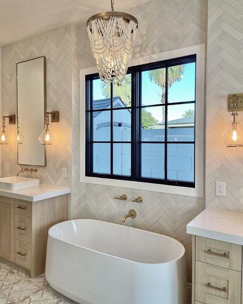 Bedrosians Tile and Stone on Instagram: "This bathroom walked straight off our Pinterest board 😍😍 Wall tile: Makoto 2.5x10 in Shoji White Designed by @craftedquarters Builder @greenelephantdevelopment" Inside Pool, Bedrosians Tile, Shoji White, Fireplace Facade, Emser Tile, Master Bath Remodel, Board Wall, Bathroom Photos, Bathroom Spa