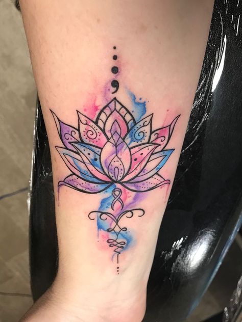 Purple Ribbon Tattoos, Tattoo Lotus Flower, Watercolor Lotus Tattoo, Small Lotus Flower Tattoo, Faith Tattoo On Wrist, Tattoo Lotus, Purple Tattoos, Watercolor Lotus, Semi Colon