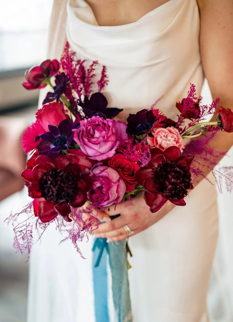 Magenta Wedding Decorations, Viva Magenta Wedding, Magenta Wedding, Bright Wedding Colors, Floral Bridesmaid Dresses, Reception Look, Jewel Tone Wedding, Red And Pink Roses, Pantone Color Of The Year