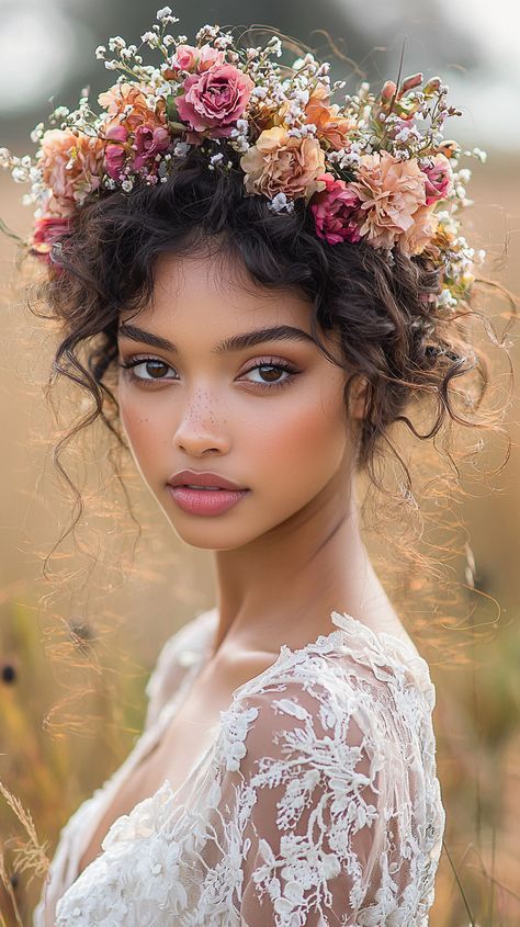 Ethereal vibes 🌸✨ This bride stuns in an intricate lace dress, capturing bohemian elegance. Her wild, curly hair adorned with a rich floral crown of pink and peach blooms exudes effortless beauty. Perfect for an enchanting outdoor wedding surrounded by nature’s warmth. 🌿💐 #bridal #boho #wedding #lace #flowercrown #beauty #style #romantic #nature ✨ Wedding Flower Crowns, Wild Curly Hair, Bohemian Crown, Curly Bridal Hair, Ethereal Wedding Dress, Romantic Nature, Boho Flower Crown, Floral Hair Pins, Corsage And Boutonniere