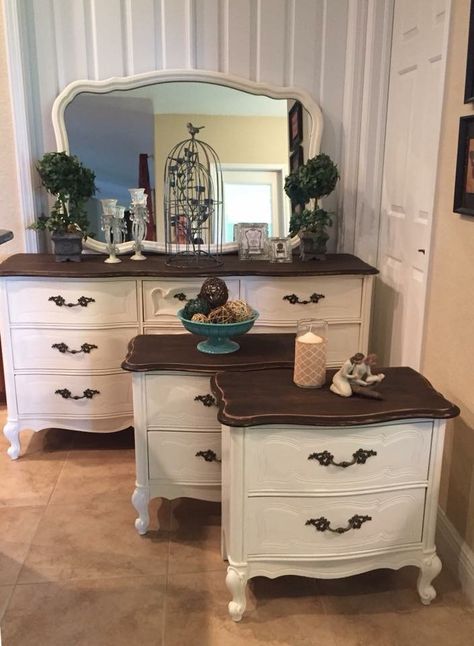 Java gel stained top with antique white bottoms! White Furniture With Dark Wood Top, Old Antique Dresser Makeover, White And Brown Bedroom Furniture, Brown And White Furniture, White And Brown Furniture, Antique White Dresser, Painted Antique Dresser, Unique Decoration Ideas, Antique White Furniture