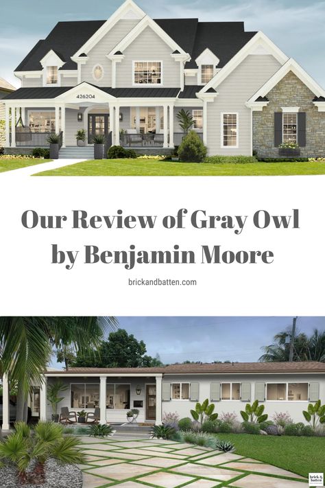 Gray exterior paint colors are having a moment, and we're putting the spotlight on Gray Owl by Benjamin Moore. This soft and airy paint color is perfect for traditional homes, but we love it on bungalows and more modern homes, as well. Check out our full review: https://bit.ly/3WbnYs2 Benjamin Moore Grey Owl Exterior House, New Hope Gray Benjamin Moore Exterior, Gray Owl Benjamin Moore Exterior, Gray Owl Exterior House Paint, Gray Owl Exterior, Light Gray Exterior House Colors, Gray Exterior Paint Colors, Light Gray House, Gray Home Exterior