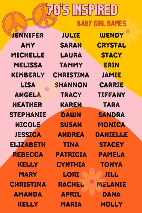 Cute 70's inspired baby girl names! Over 50 seventies most popular names | cute names | first name | girl middle name | Do you spot a name of someone you know? 80s Names List, Popular 80s Names, First Names For Characters, 60s Names, 2000s Names, 70s Names, 90s Names, 70s Doodles, 80s Names