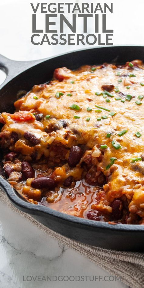 Lentils and kidney beans simmered in a rosemary tomato sauce with a sharp cheddar cheese topping. This easy gluten free casserole made from pantry ingredients is the ultimate vegetarian comfort food. Lentil Casserole Recipes, Lentil Casserole, Gluten Free Casserole, Pantry Recipes, Vegetarian Casserole, Vegetarian Comfort Food, Lentil Dishes, Pantry Ingredients, Skillet Recipes