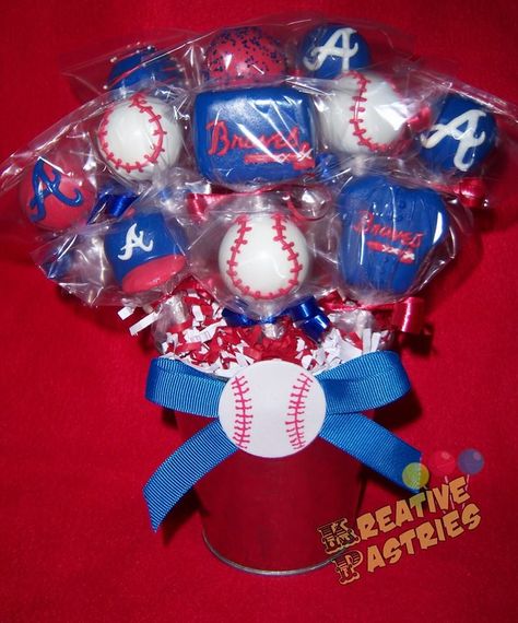 The Atlanta Braves cake pops Atlanta Braves Birthday Party, Braves Birthday Party, Atlanta Braves Cake, Atlanta Braves Birthday, Brave Birthday Cakes, Brave Cakes, Brave Birthday Party, Gameday Food, Sweet Bakes