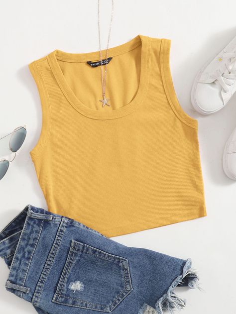 Yellow Tank Top Outfit, Cropped Denim Jacket Outfit, Tank Tops Outfit, Yellow Top Outfit, Yellow Clothes, Solid Tank Tops, Tank Top Outfits, Women Tank Tops, Yellow Blouse