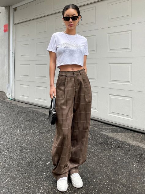 Brown Plaid Pants Outfit, Wide Leg Plaid Pants, Plaid Outfits Fall, Plaid Pants Outfit, Plaid Pants Women, High Waist Trousers, Plaid Trousers, Shein Outfits, Women Pants