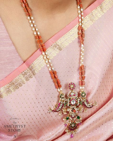 Coral Beaded Kundan Long Necklace From 'The Amethyst Store' • South India Jewels Coral Diamond Jewellery, Kundan Long Necklace, Bridal Jewellery Earrings, Coral Beads Necklace, Bridal Fashion Jewelry, Beads Jewellery, The Coral, Jewellery Earrings, Fancy Jewellery