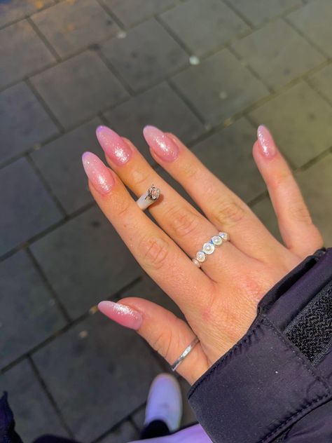 Birthday Nails Pink Glitter, Almond Nails Pink Glitter, Pink Shimmery Nails, Pink Glitter Almond Nails, Sparkly Pink Acrylic Nails, Shimmery Pink Nails, Pink Nails With Sparkle, Baby Pink Glitter Nails, Pink Glitter Acrylics