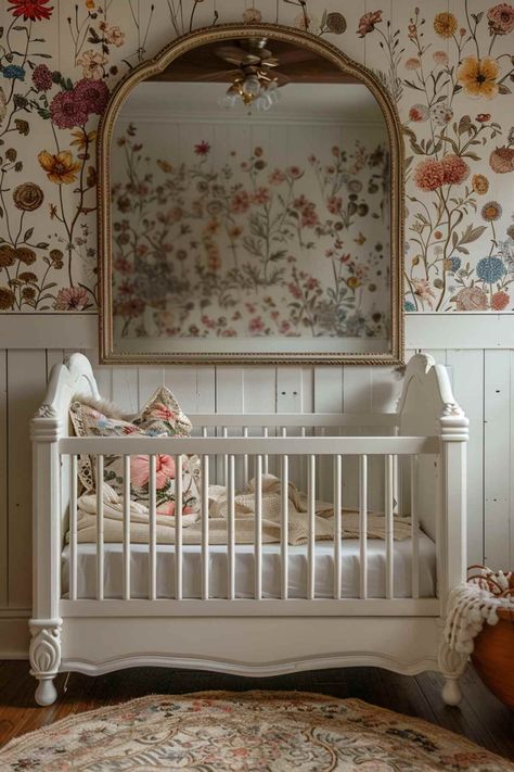 50 Simply Adorable Baby Girl Nursery Ideas You’ll Love! Whimsical Nature Themed Nursery, Vintage Wildflower Nursery, Girls Vintage Nursery, Cottage Nursery Girl, Vintage Girls Nursery, English Cottage Nursery, Vintage Nursery Girl, Baby Girl Nursery Vintage, Farmhouse Girl Nursery