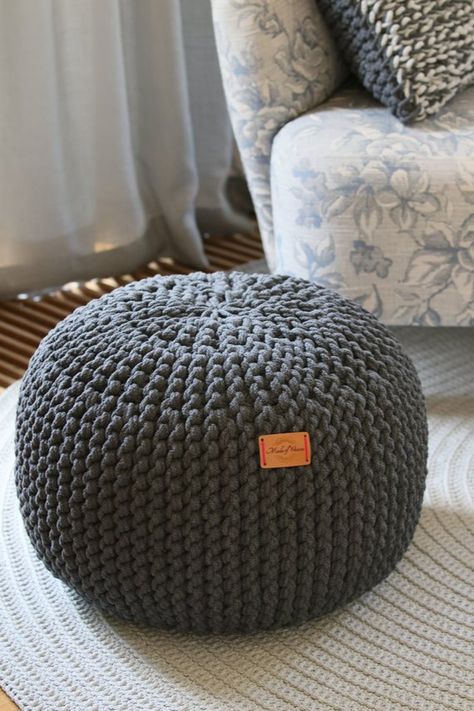 Chunky double cord/ dark gray pouf/ chunky knitted pouf knit | Etsy Ottoman Nursery, Pouf Ottoman Nursery, Grey Footstool, Knitted Ottoman, Pouf Footstool, Shabby Chic Rug, Nursery Area Rug, Crochet Pouf, Knitted Pouf