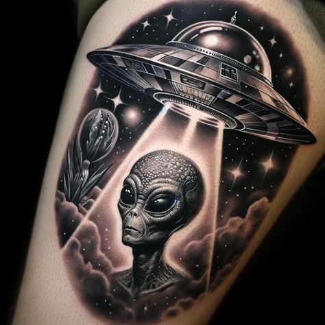 Alien Tattoo Realistic, Alien Chest Tattoo, Alien Ship Tattoo, Alien Ufo Tattoo, Geometric Space Tattoo, Tattoo Sombras, Sean Tattoo, Alien Tattoo Ideas, Space Tattoo Designs