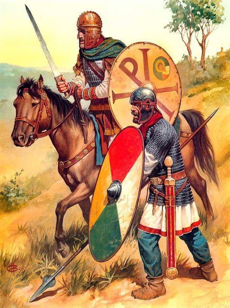 Late Eastern Roman Empire cavalryman and infantryman. The "Chi-Rho" (XP) symbol on one of the shields indicate that there was already a heavy influence from Christianity. Late Roman Army, Romano British, Byzantine Army, Late Roman Empire, Imperiul Roman, Roman Armor, Eastern Roman Empire, Military Illustration, Punic Wars