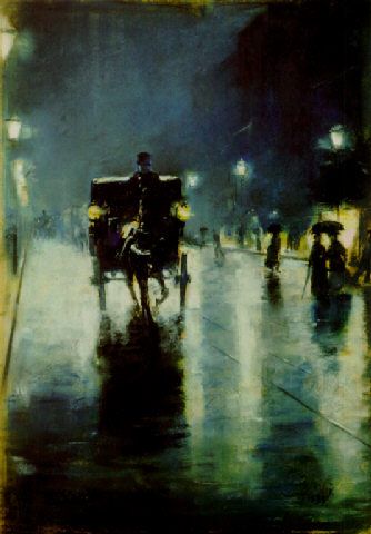 Lesser Ury (German, 1861 -1931) -  Berlin at Night 1889 Lesser Ury, German Painters, German Artists, Night Scenes, Moonlight Painting, German Art, Night Scene, Victorian Art, Caravaggio