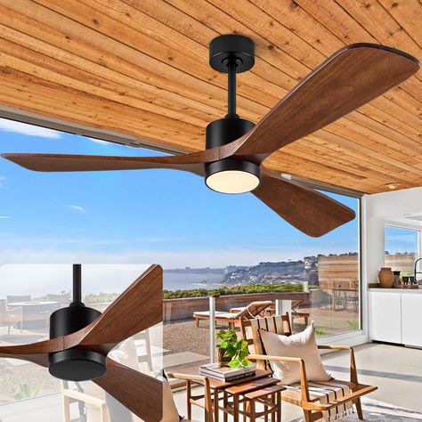 PRICES MAY VARY. UNIQUE SOLID WOOD FAN BLADES DESIGN: Modern ceiling fan with lights remote control, 3 fan blades are finely carved by mature craftsmanship with detailed texture and smooth surface. Novel fan blades not only ensure the fan rotates stably, but are also perfect for your home decoration use, such as outdoor patio, bedroom, living room, dining room, kitchen, farmhouse, and so on. POWERFUL DC MOTOR: This outdoor ceiling fan with light has ETL certification. The high-quality DC motor w Porch Fans Outdoor Farmhouse, Walnut Ceiling, Wooden Ceiling Fans, Outdoor Ceiling Fan With Light, 60 Inch Ceiling Fans, Wood Ceiling Fans, 52 Inch Ceiling Fan, Motor Works, Outdoor Ceiling