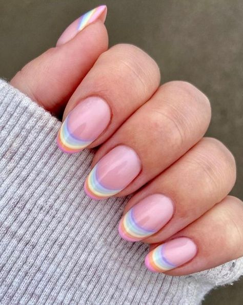 Rainbow Tip Nails, Rainbow Tips, Rainbow French, Rainbow Nails Design, Rainbow Nail, Velvet Nails, Baby Blue Nails, Bunny Nails, Easter Nail Art