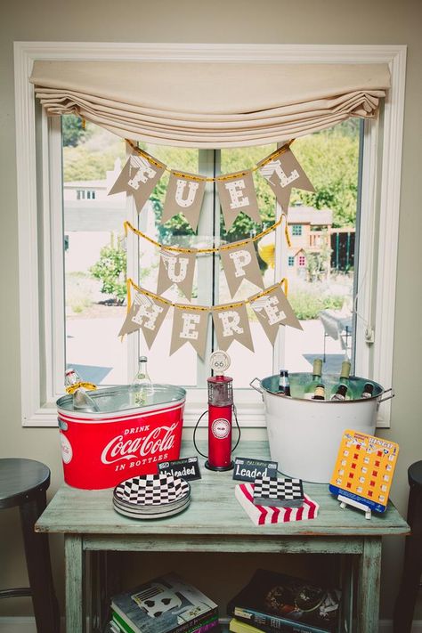 Race Track Themed 1st Birthday Party with Lots of Really Cute Ideas via Kara's Party Ideas | KarasPartyIdeas.com #RaceCarParty #VintageRaceC... Nascar Party, Blaze Birthday, Festa Hot Wheels, Hot Wheels Party, Car Themed Parties, Car Birthday Theme, Race Car Birthday Party, 50 Birthday, Cars Theme Birthday Party