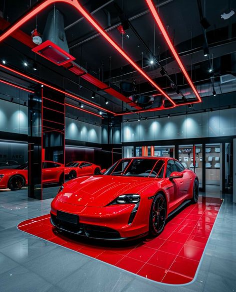 Car Showroom Interior Design Ideas, Car Detailing Studio, F1 Garage, Obsessed Garage, Luxury Car Showroom, Ferrari Showroom, Car Showroom Architecture, Porsche Showroom, Car Showroom Interior