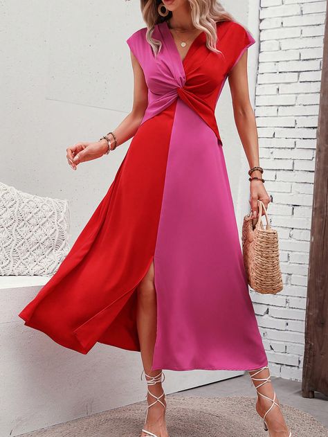 Multicolor Casual Collar Short Sleeve Woven Fabric Colorblock A Line Embellished Non-Stretch  Women Clothing Two Tone Dress, Split Thigh Dress, Twist Front Dress, Simple Dress, Men's Beauty, Twist Front, African Dress, Women Dresses, Simple Dresses