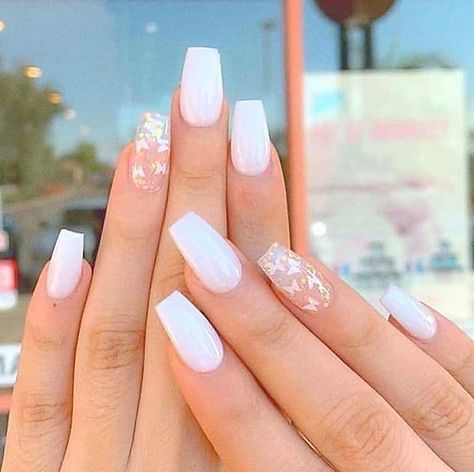 Butterfly Nails, Simple Gel Nails, White Acrylic Nails, Cute Acrylic Nail Designs, Basic Nails, Simple Acrylic Nails, Nails Fashion, Nails Glitter, Cute Gel Nails