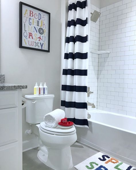 Birdwood Home : Kid’s Bathroom.  Little boy’s bathroom with nautical stripes and primary colors. Infant Bathroom Ideas, Boy Bathroom Ideas Kid, Gender Neutral Bathroom Ideas, Toddler Boy Bathroom Ideas, Children’s Bathroom, Baby Bathroom Ideas, Unisex Bathroom Ideas, Gender Neutral Bathroom For Kids, Boys Bathroom Ideas Kid