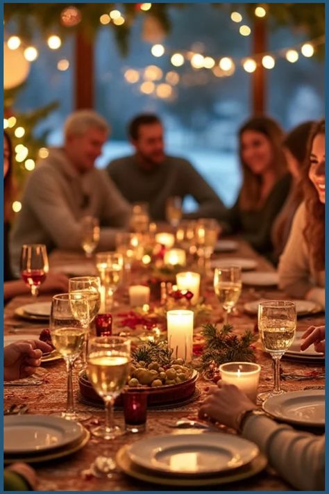 Family gathered around a festive dinner table with candles and holiday lights. Christian Christmas Party Themes, Church Christmas Party Themes, Christmas Dinner Hosting, Group Christmas Ideas, Bible Study Christmas, Ladies Christmas Party, Christmas Hosting, Christian Party, Church Christmas Party