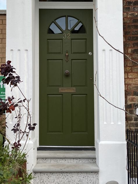 Green Door Beige House, Pea Green Front Door, Olive Green Doors Exterior, Moss Green Front Door, Green Door Exterior, Hunter Green Front Door, Green House Door, Forest Green Front Door, Grey House Green Door