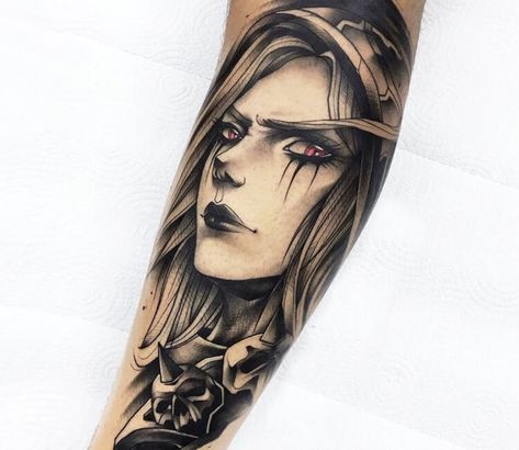 Sylvanas Windrunner Tattoo, Sylvanas Tattoo, Dota 2 Tattoo, Elven Tattoo, Horde Tattoo, Wow Tattoo, Warcraft Tattoo, Black And Red Tattoo, Dota Tattoo