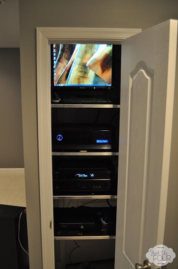 Media Closet Media Closet, Basement Speakeasy, Suburban Kitchen, Tv Above Fireplace, Above Fireplace, Basement Home Theater, Closet Build, Home Theater Room Design, Theater Room Design