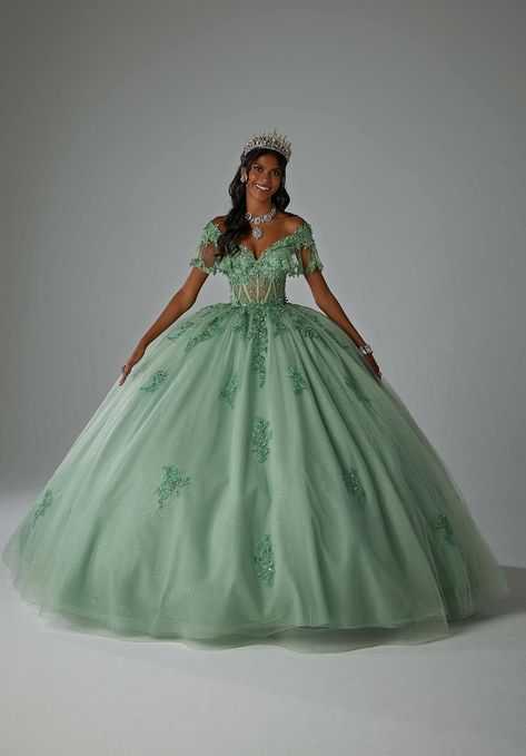 Corset Quince Dress, Off Shoulder Corset, Beautiful Ball Gowns, Quinceñera Dresses, Sheer Corset, Quince Dress, Princess Sleeves, Theme Dress, Mori Lee