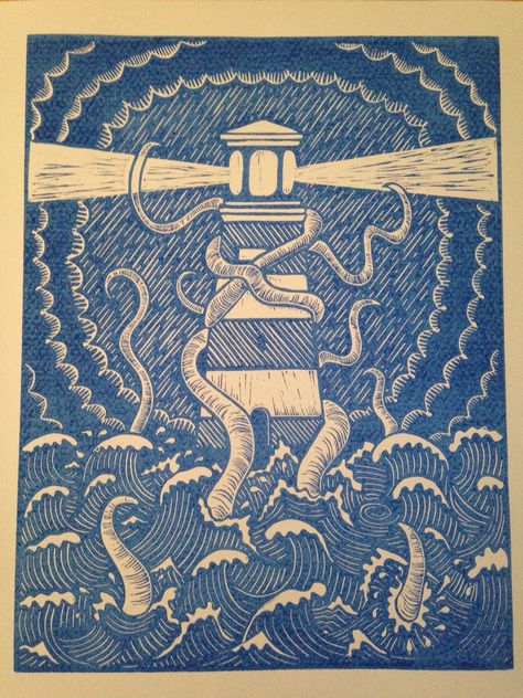 Lighthouse Lino Print, Cool Lino Prints, Lino Print Tattoo, Lino Print Art, Light House Drawing, Linolium Printing, Lino Print Ideas, Woodcut Art, Lighthouse Print