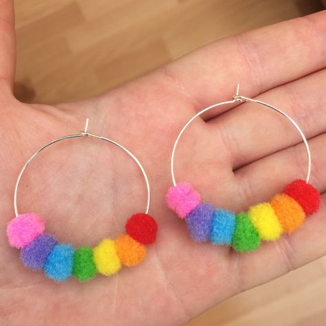 Fimo Ring, Rainbow Pom Pom, Crazy Earrings, Homemade Earrings, Weird Jewelry, Pom Pom Earrings, Quirky Earrings, Indie Jewelry, Funky Earrings