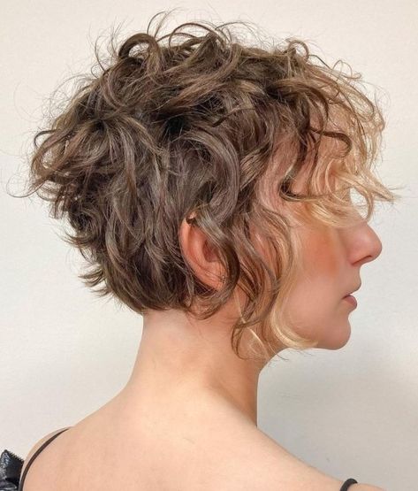 Wavy Messy Pixie Bob with Money Piece Long Pixie Shag Haircut, Long Pixie Haircut Wavy Hair, Long Pixie Haircut Curly Hair, Long Pixie Wavy Hair, Long Pixie Curly, Long Pixie Shag, Long Curly Pixie Haircut, Hairstyles For Fine Curly Hair, Low Maintenance Hairstyles