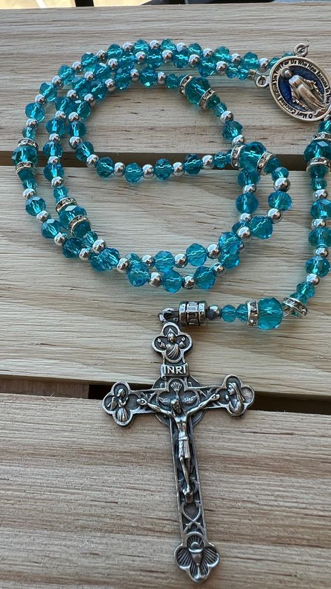 Miraculous Medal Rosary/Handmade/Beaded Rosary/Unique Design/Rare Find/Religious Beads/Holy Trinity/Beautiful Rosary/Confirmation/Lent by RosariesbyMinnette on Etsy Rosary Cross, Beautiful Rosary, Beaded Rosary, Rosary Beads, Miraculous Medal, Square Bead, Holy Trinity, Bead Stringing, Silver Rhinestone