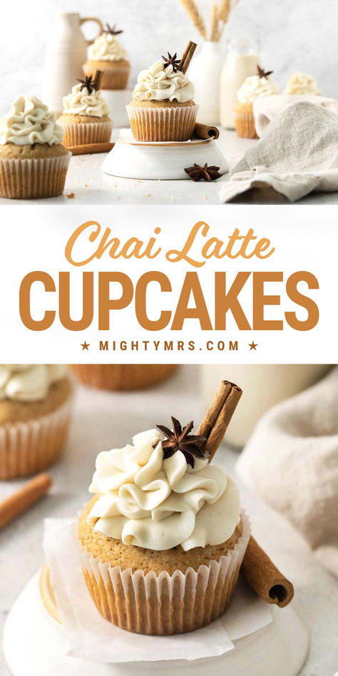 Chai Latte Cupcakes Chai Cupcakes With Cream Cheese Frosting, Chai Baking, Chai Cupcake Recipe, Healthier Muffins, Taylor Swift Cookies, Chai Latte Cupcakes, Eggnog Frosting, Eggnog Buttercream, Chai Cupcakes